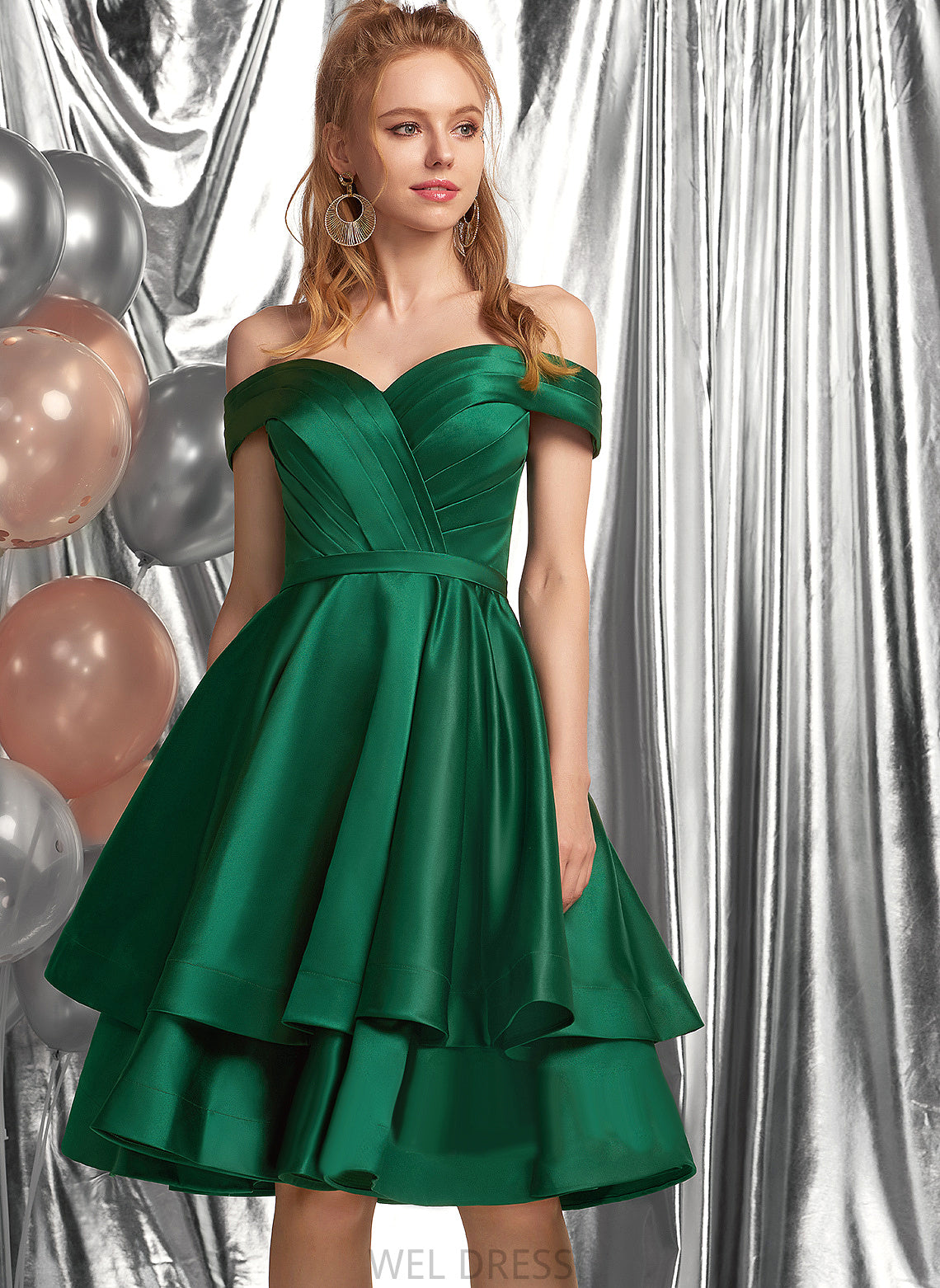 With Homecoming Dresses Knee-Length Ruffle Aubrey Satin Dress Homecoming A-Line Off-the-Shoulder