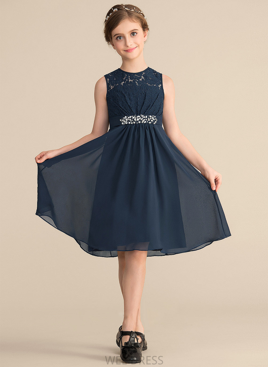 Bow(s) Chiffon Neck A-Line Beading With Hayley Knee-Length Lace Scoop Sequins Junior Bridesmaid Dresses