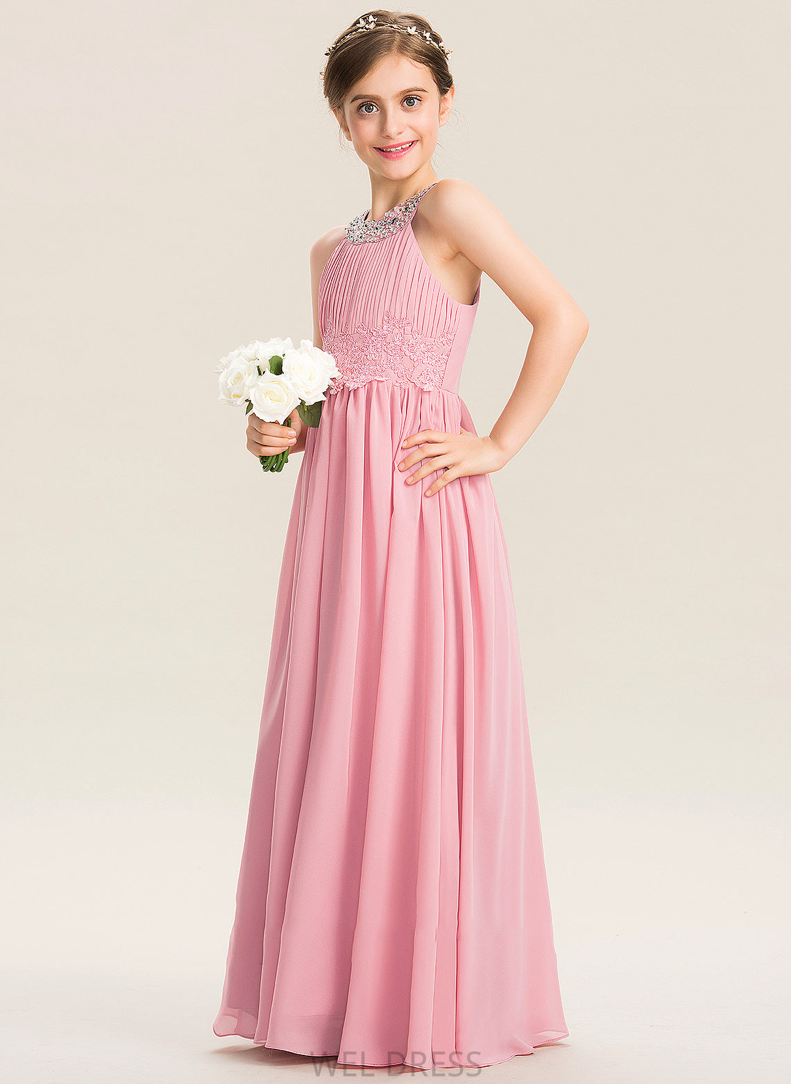 Lace Sequins Neck Junior Bridesmaid Dresses With Scoop Chiffon Floor-Length Ruffle Beading A-Line Luz