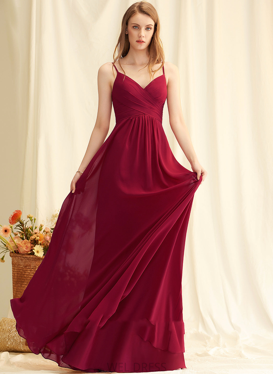 V-neck Neckline A-Line Fabric Silhouette Floor-Length Length Embellishment Ruffle Kallie Sleeveless Natural Waist Bridesmaid Dresses