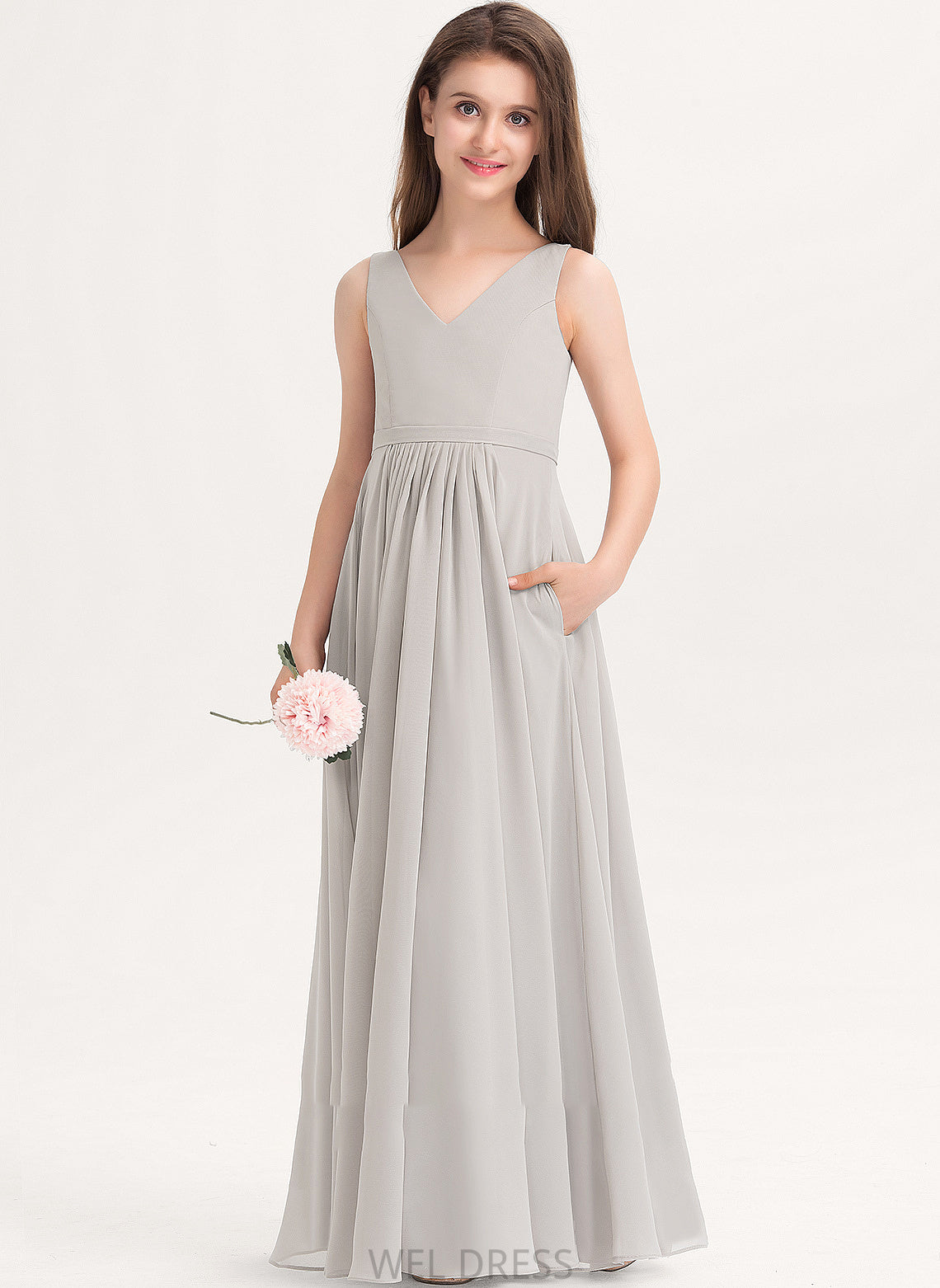 V-neck A-Line Julia Pockets With Floor-Length Chiffon Junior Bridesmaid Dresses