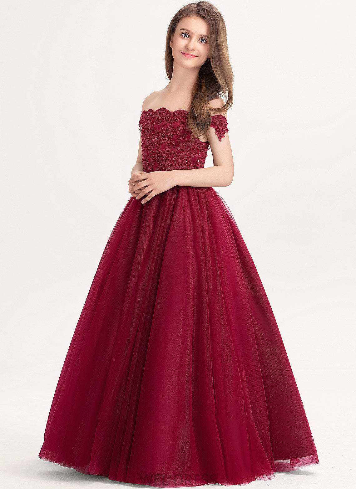 Beading Sequins Lace Ball-Gown/Princess Alyssa Tulle Junior Bridesmaid Dresses Floor-Length With Off-the-Shoulder