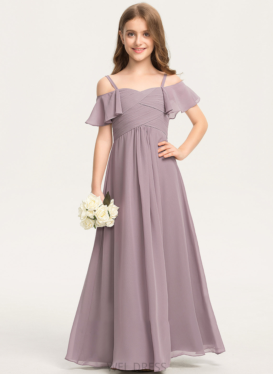 A-Line Junior Bridesmaid Dresses Floor-Length Ruffle With Chiffon Off-the-Shoulder Campbell