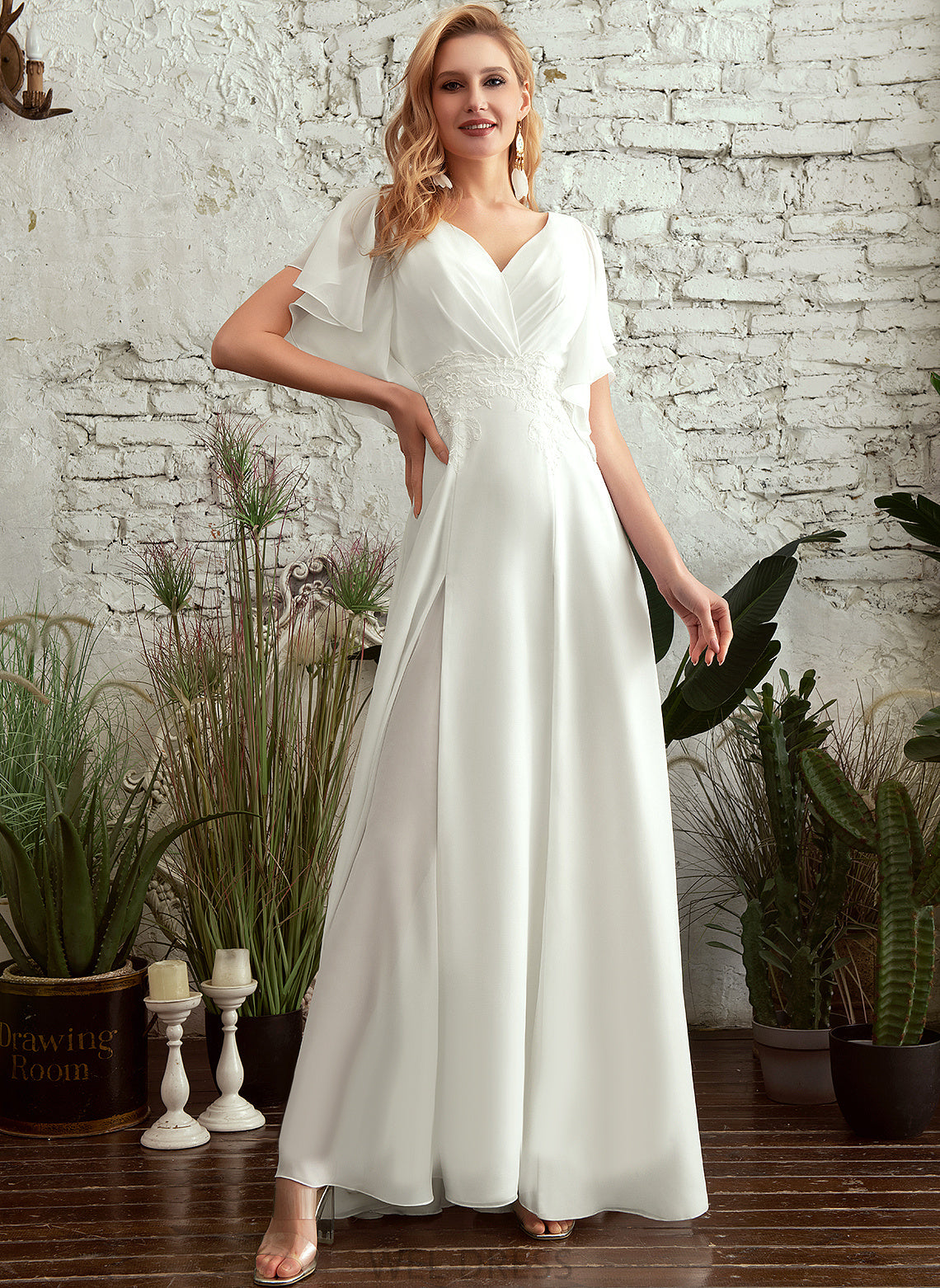 V-neck A-Line Dress Wedding Dresses Isabel Chiffon Floor-Length Lace Wedding