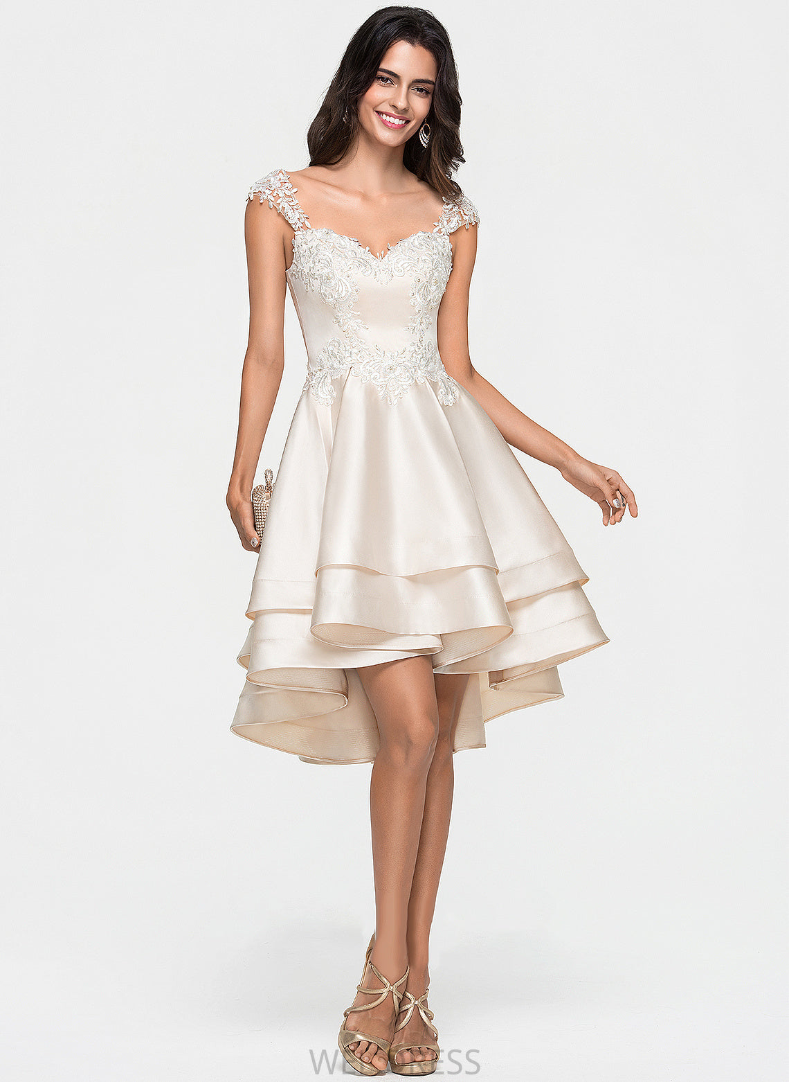 A-Line Ruffles Sweetheart Mikaela Asymmetrical Satin Beading With Cascading Lace Prom Dresses