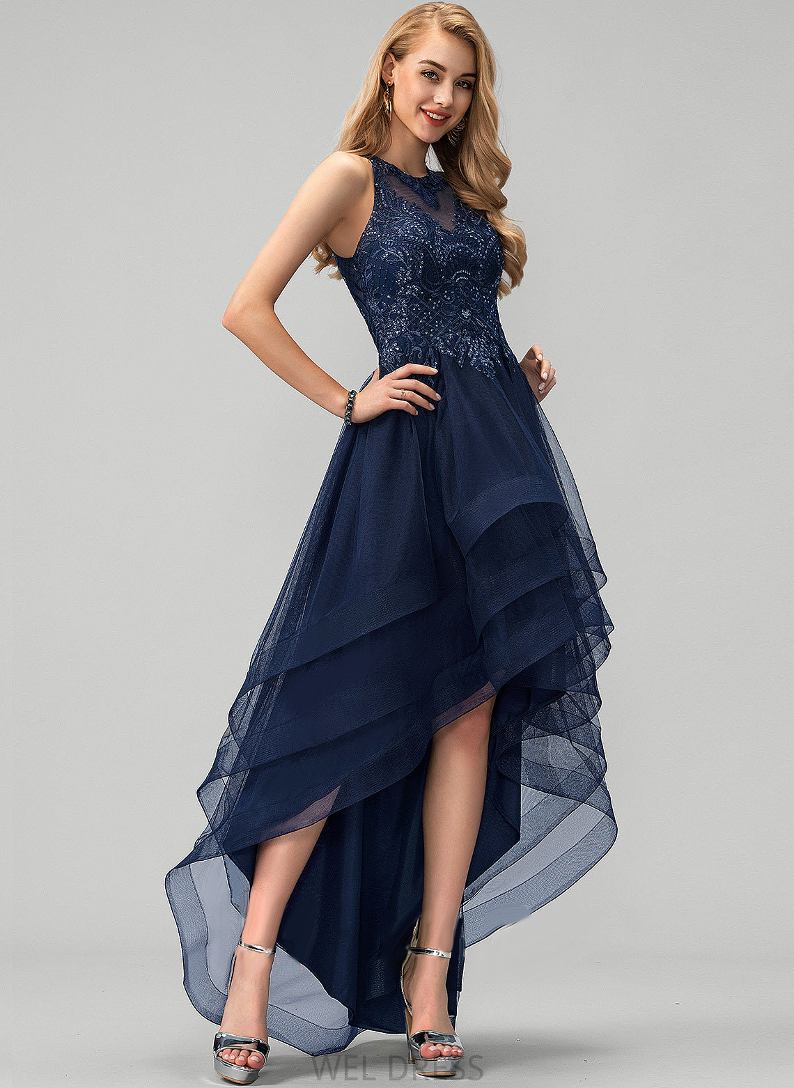 With Scoop Sequins Beading Marie Ball-Gown/Princess Prom Dresses Lace Asymmetrical Tulle Neck
