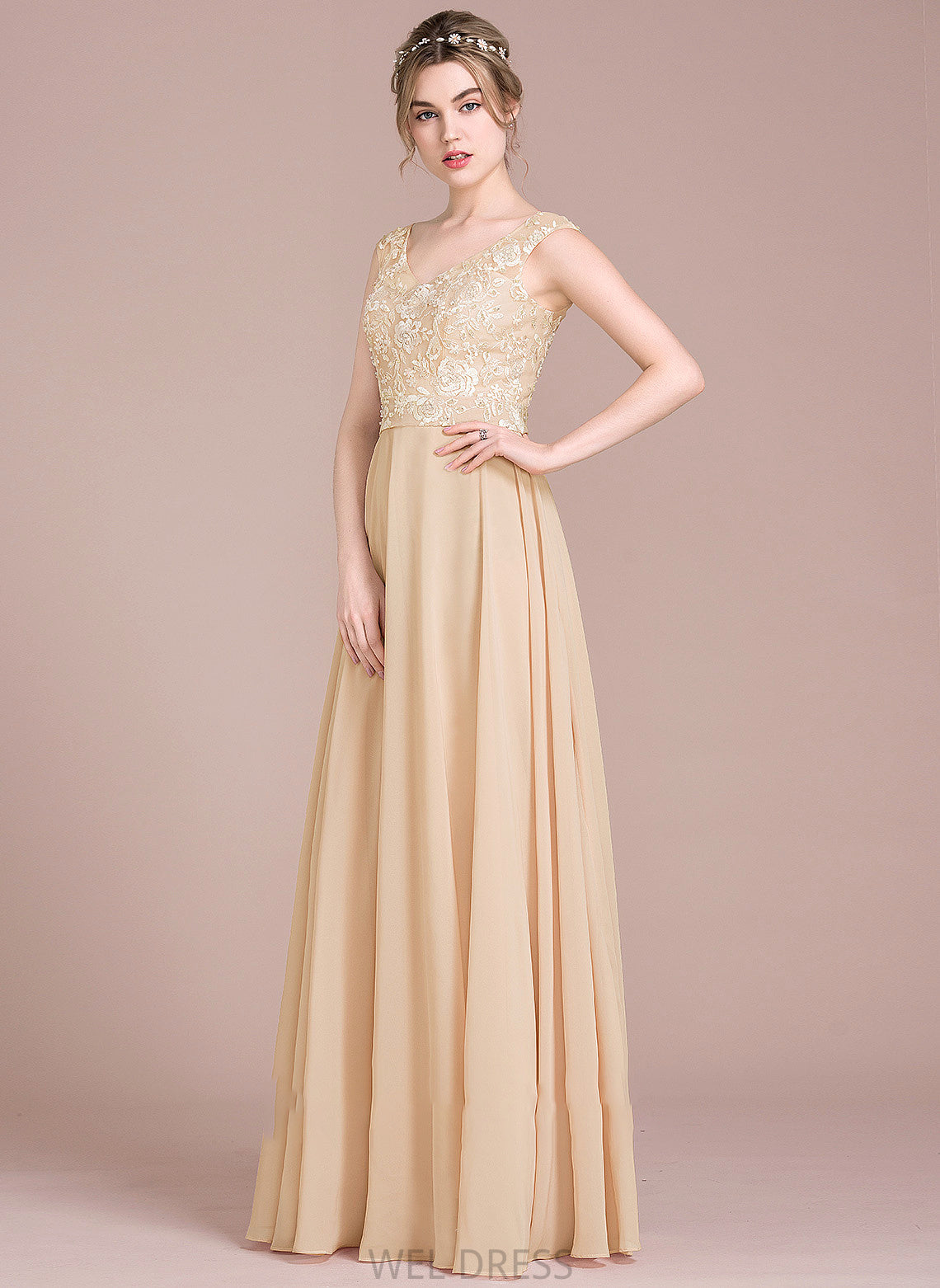 Floor-Length Edith Prom Dresses A-Line Chiffon V-neck Lace