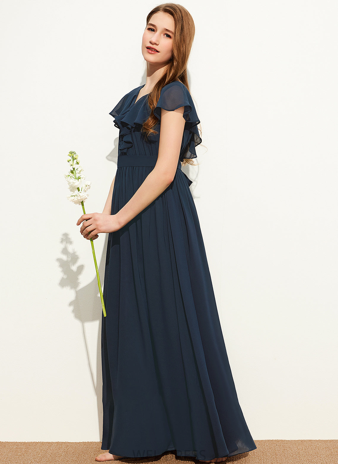 Bow(s) Karen Chiffon Ruffles A-Line V-neck Floor-Length Junior Bridesmaid Dresses With Cascading