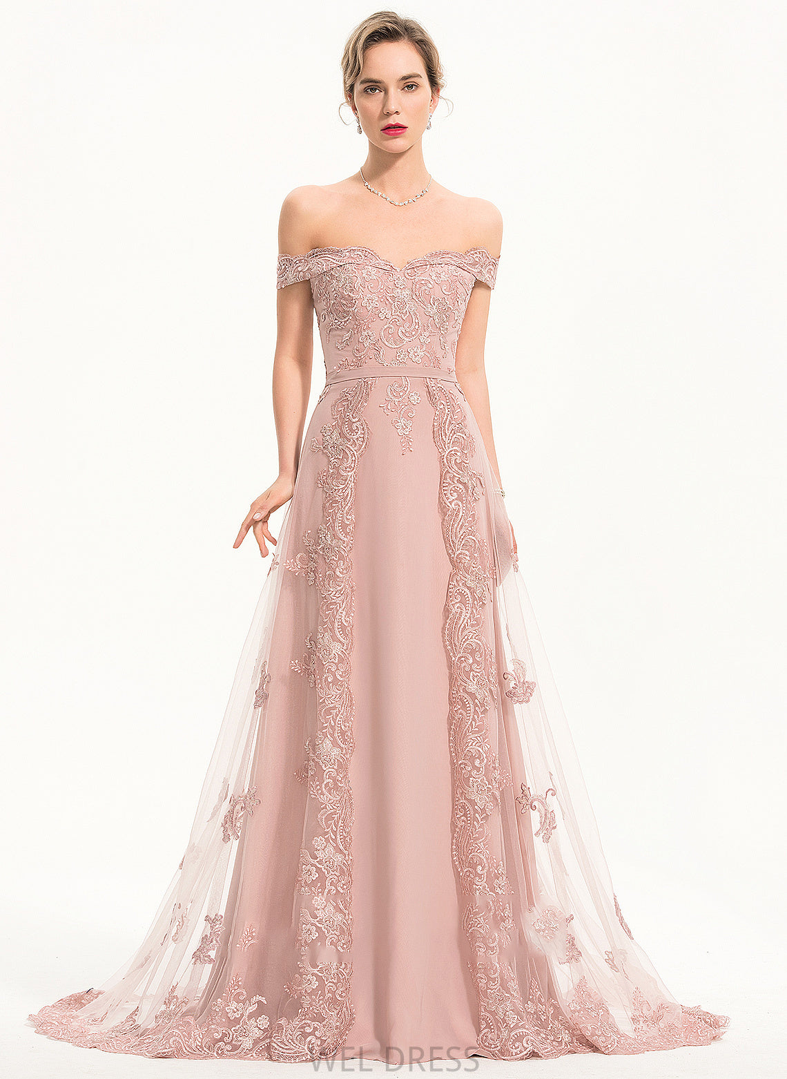 Off-the-Shoulder Tulle Chiffon With Train Sweep A-Line Prom Dresses Sequins Jaylin