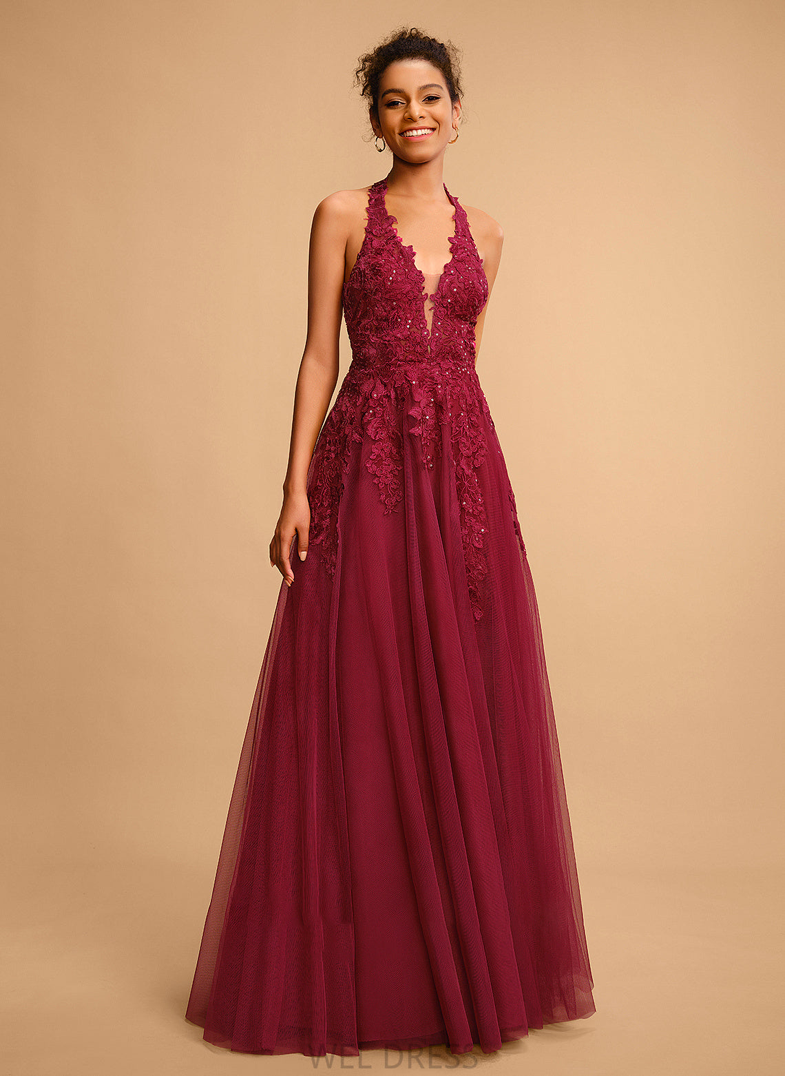 Floor-Length Halter Ball-Gown/Princess Sequins Margaret Tulle With Prom Dresses Lace