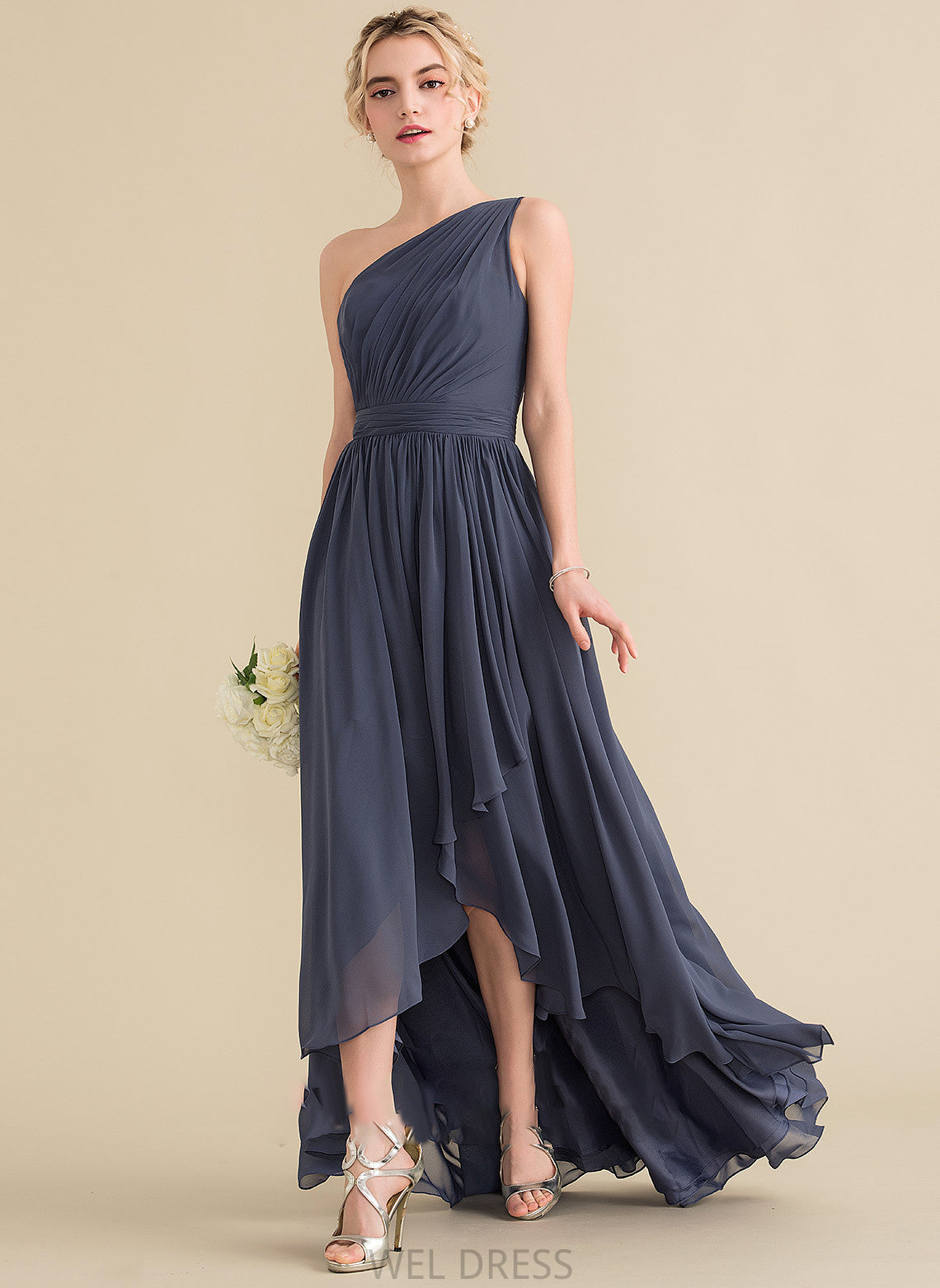 Silhouette Length One-Shoulder CascadingRuffles Neckline Fabric A-Line Embellishment Asymmetrical Natalya Floor Length Sleeveless