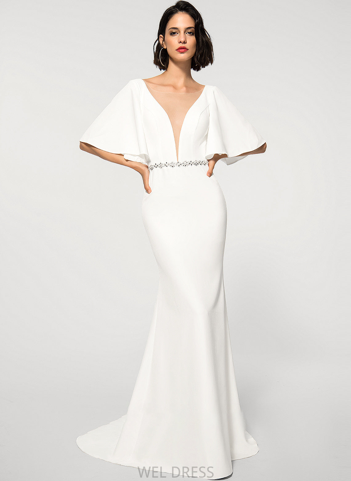 Sweep Wedding Trumpet/Mermaid Hadassah Dress Beading V-neck With Stretch Train Crepe Wedding Dresses