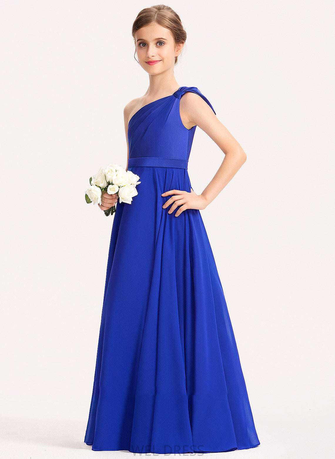 A-Line Junior Bridesmaid Dresses One-Shoulder Ruffle With Floor-Length Chiffon Charmeuse Lilah