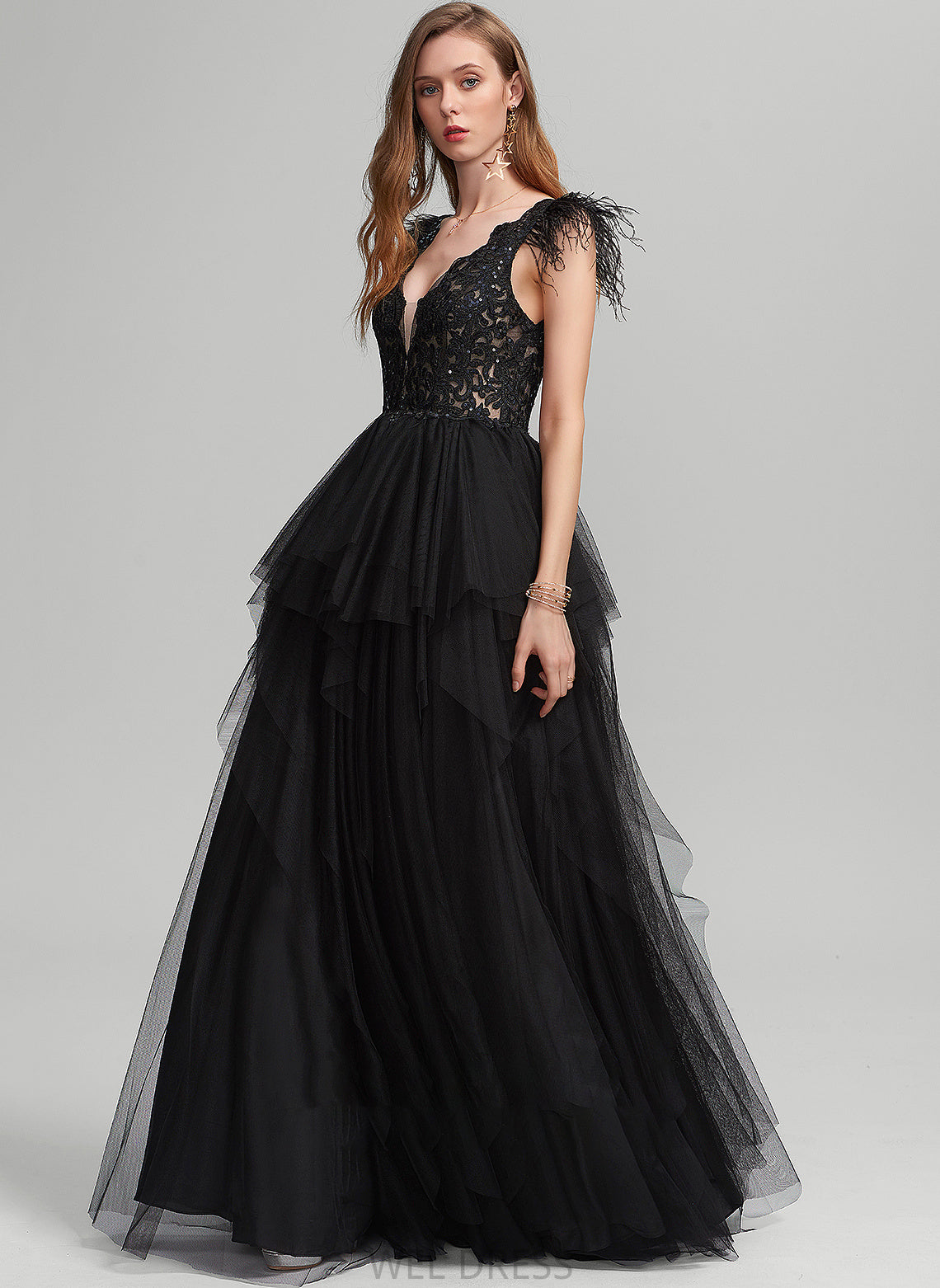 Floor-Length Ball-Gown/Princess V-neck Feather With Tulle Prom Dresses Moriah Sequins