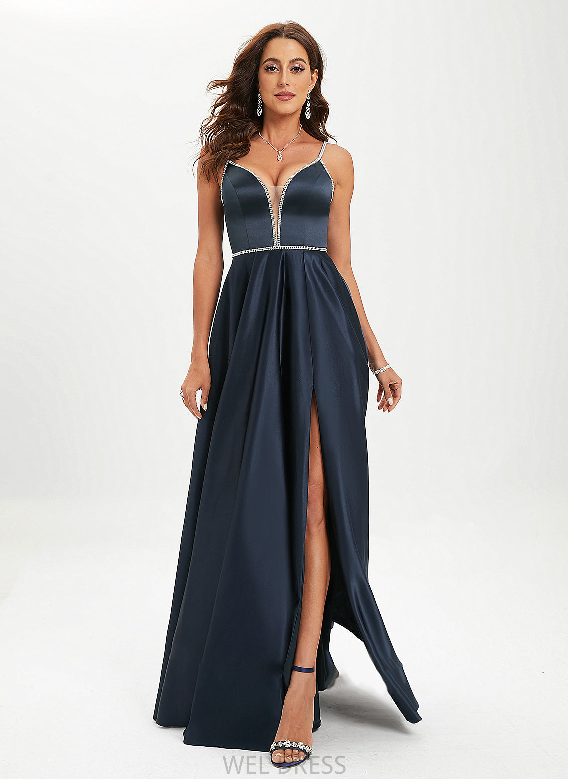 Beading Ball-Gown/Princess Floor-Length With V-neck Sequins Lilianna Satin Prom Dresses