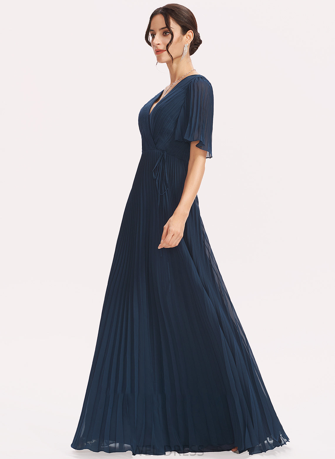 Ruffle V-neck Floor-Length A-Line Length Neckline Fabric Silhouette Embellishment Sabrina Spandex Natural Waist