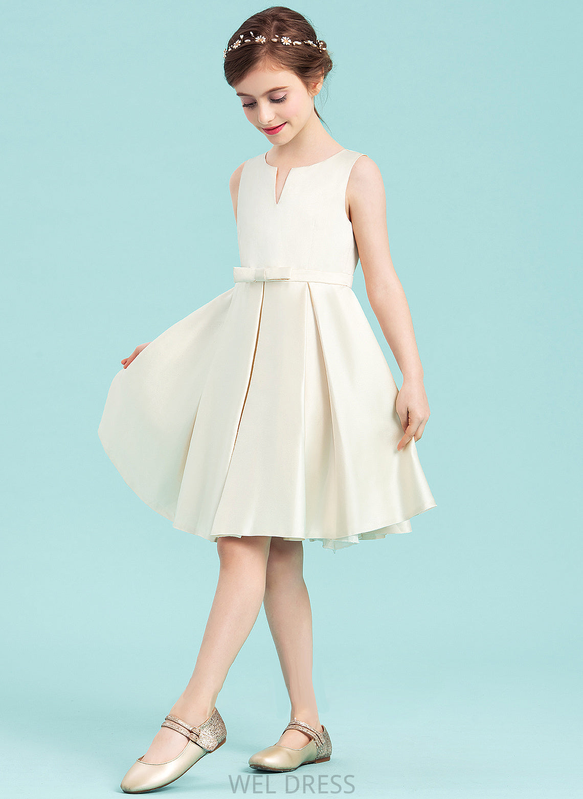 Junior Bridesmaid Dresses With Neck A-Line Yaritza Knee-Length Scoop Satin Bow(s)