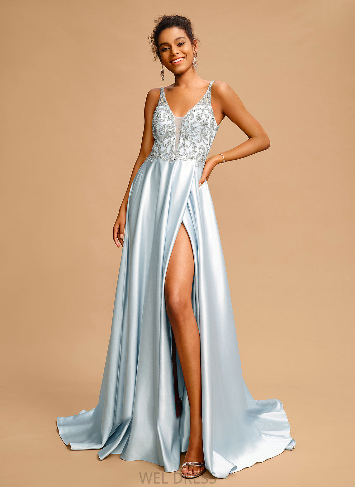 Train Prom Dresses Ball-Gown/Princess Jadyn Beading Sweep Satin V-neck With