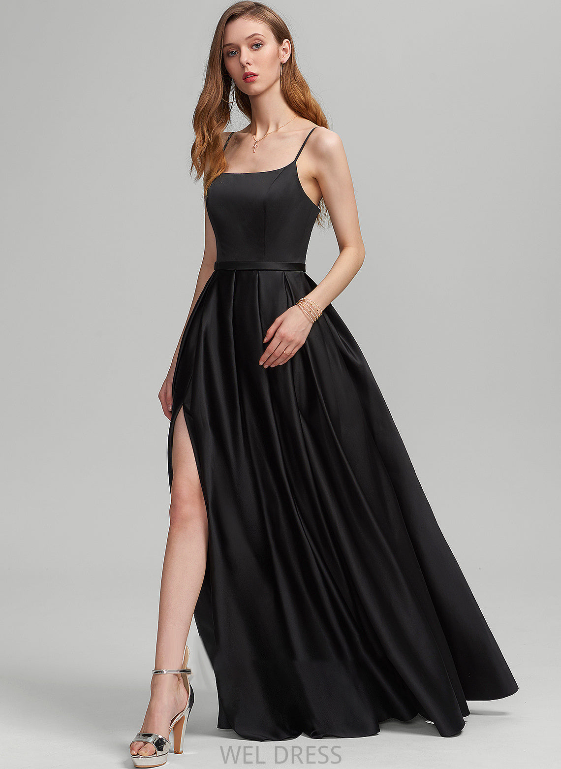 Floor-Length With A-Line Front Split Pockets Prom Dresses Karma Square Neckline Satin