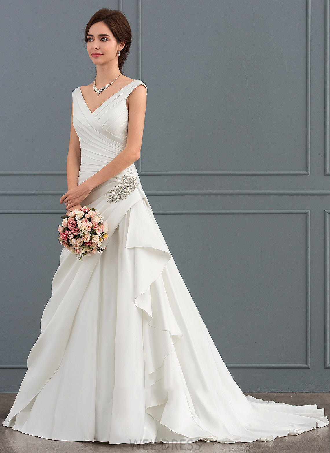 Wedding Dresses Wedding Dress A-Line With Arely Satin V-neck Court Beading Train