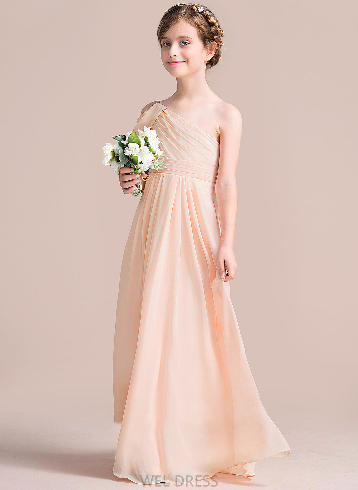 A-Line Junior Bridesmaid Dresses With Chiffon Morgan Ruffle One-Shoulder Floor-Length