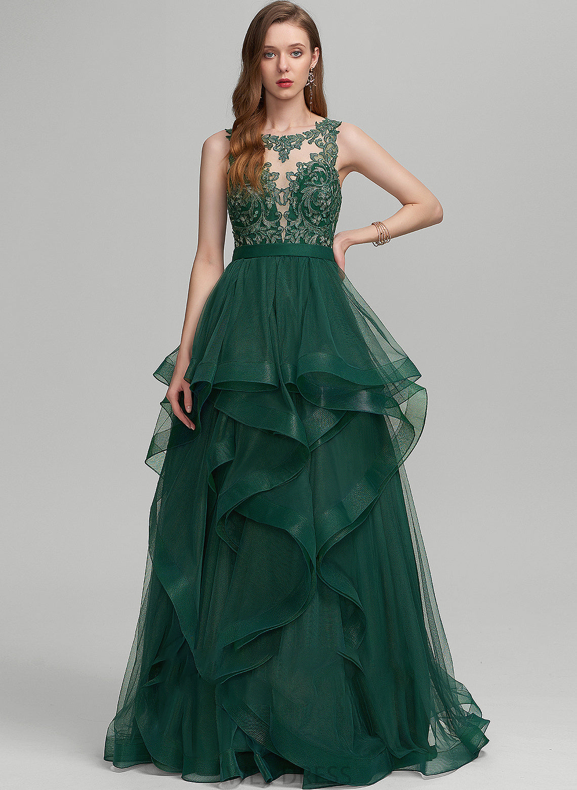 Scoop Neck With Ball-Gown/Princess Rylie Lace Tulle Ruffle Floor-Length Prom Dresses