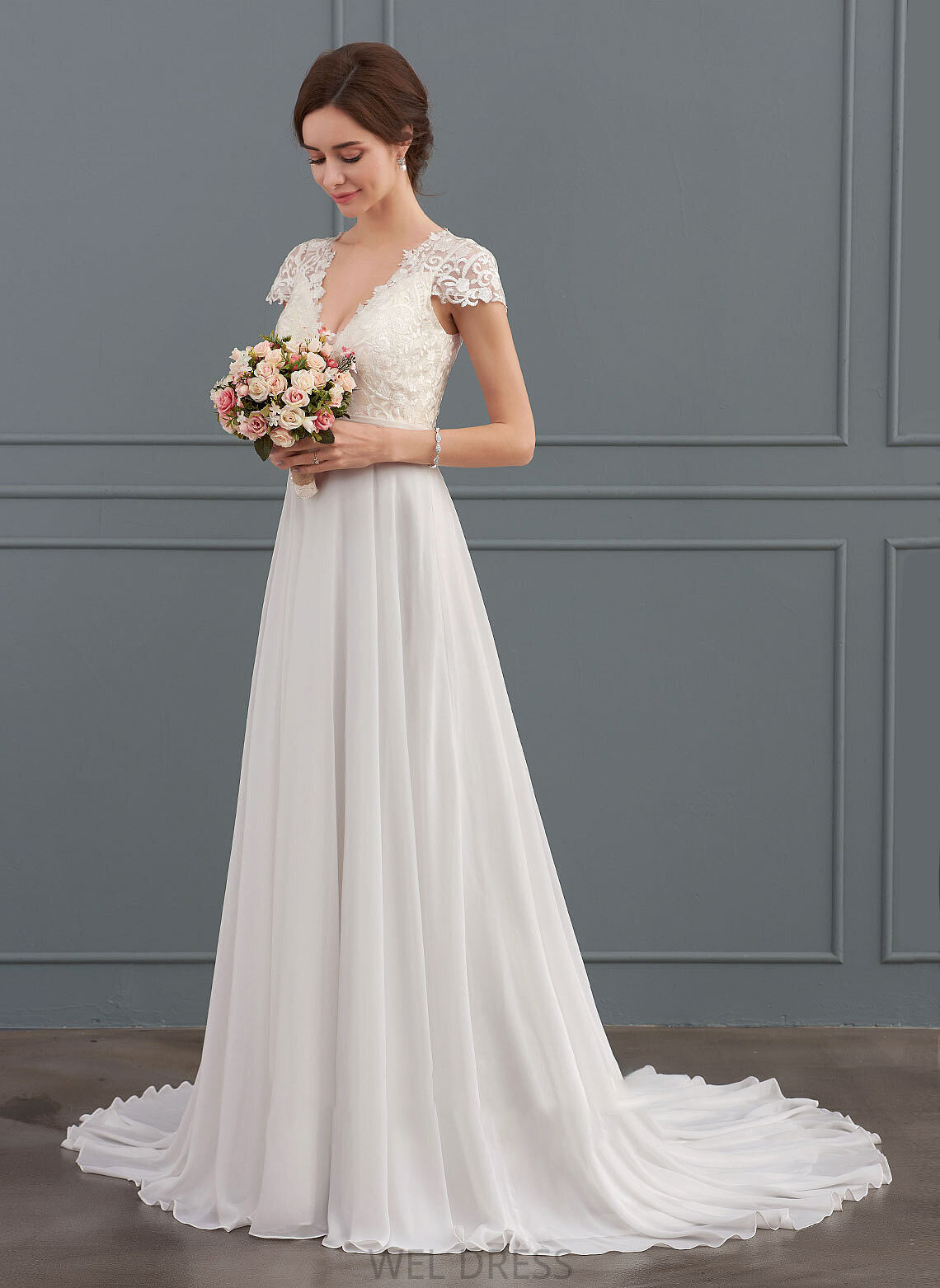 Chiffon V-neck Hope Ruffle Sweep With Wedding Dress Train A-Line Wedding Dresses