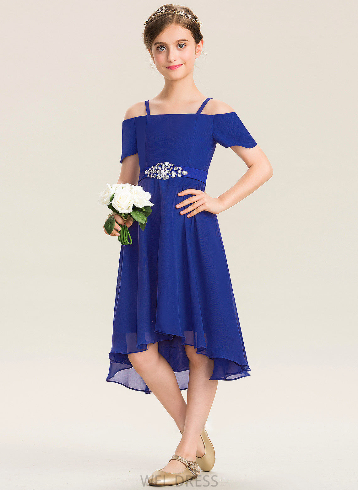 Off-the-Shoulder Junior Bridesmaid Dresses Bow(s) A-Line With Chiffon Asymmetrical Elaine Beading