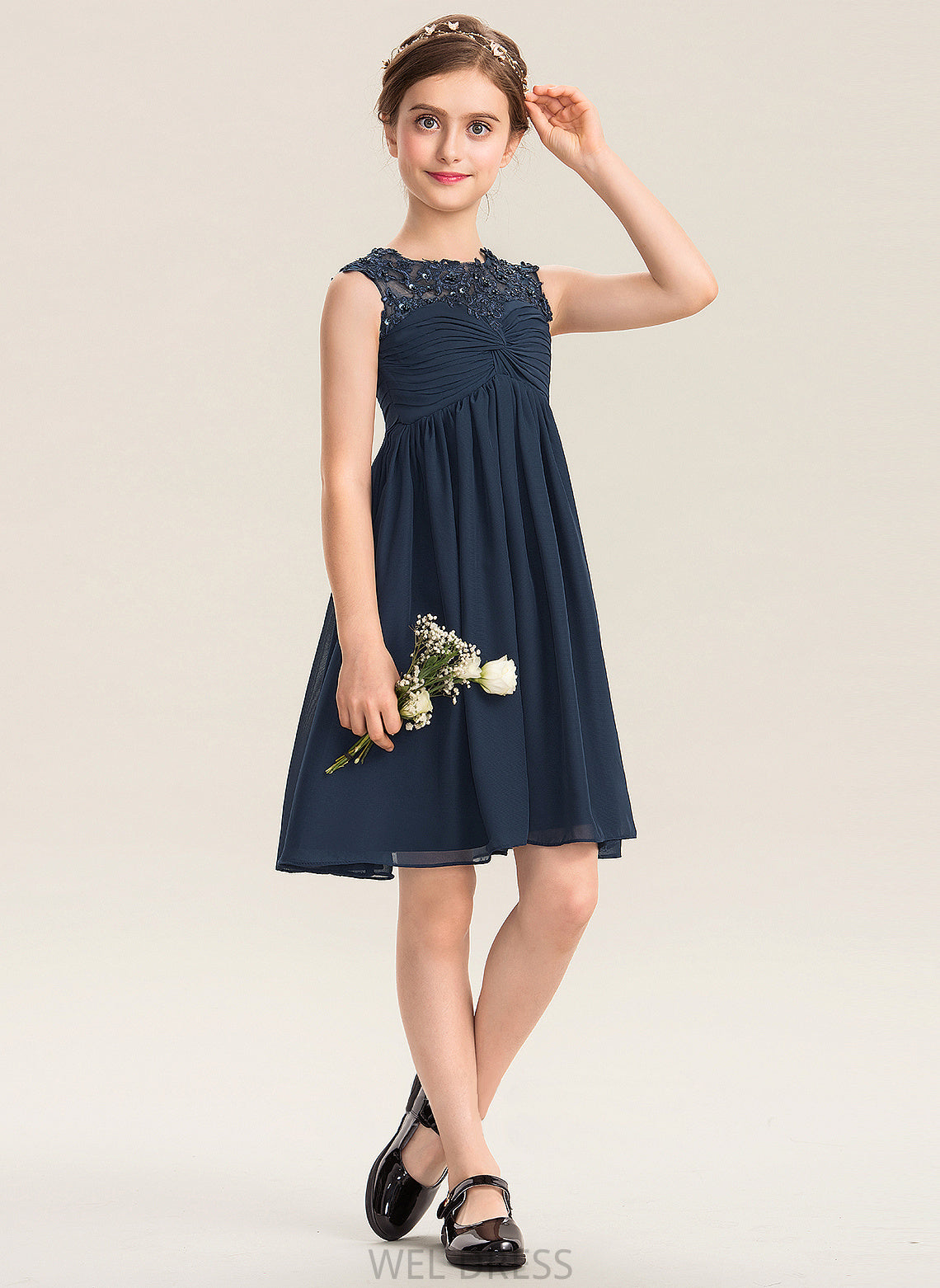 Empire Lace Knee-Length Beading Neck With Trinity Chiffon Ruffle Junior Bridesmaid Dresses Sequins Scoop