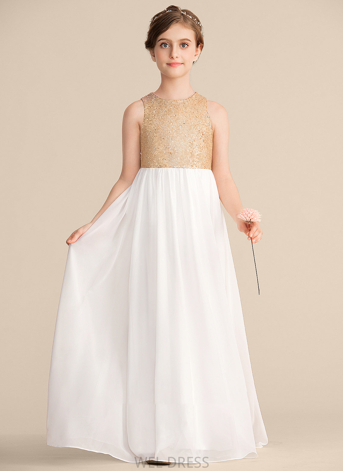 Scoop Chiffon Brielle Floor-Length Junior Bridesmaid Dresses Neck A-Line Sequined