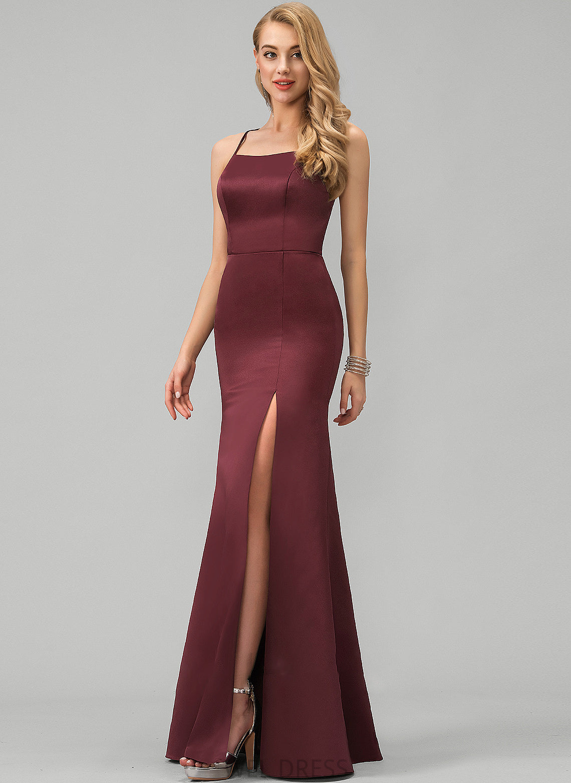 Cassandra Prom Dresses With Front Satin Sheath/Column Square Floor-Length Split Neckline