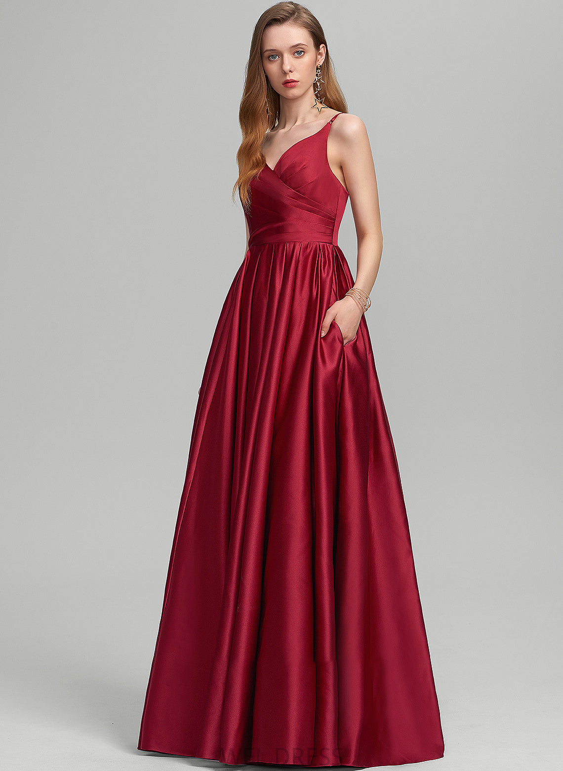 With V-neck Ainsley Prom Dresses Floor-Length A-Line Ruffle Pockets Satin