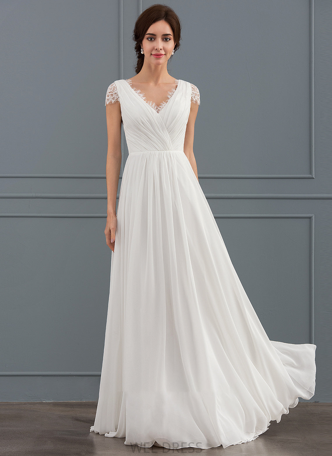 With A-Line Floor-Length V-neck Chiffon Wedding Dresses Wedding Lorena Ruffle Dress Lace