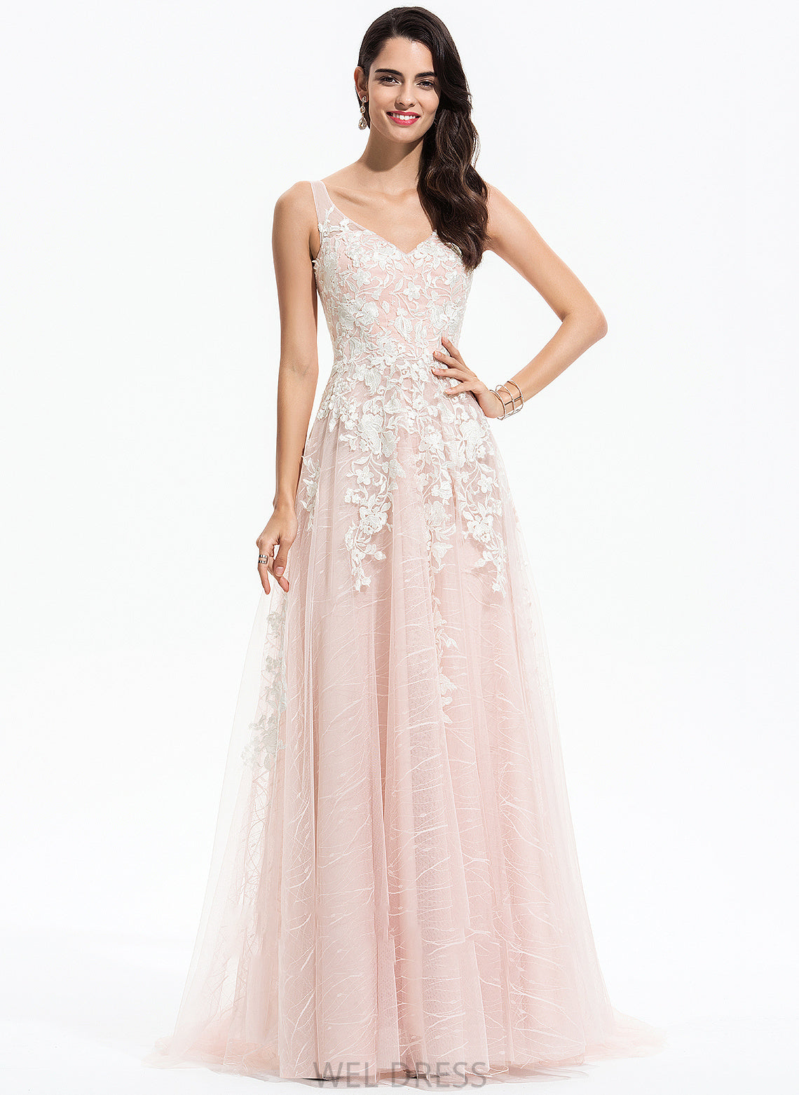 Skyla A-Line Wedding Wedding Dresses V-neck Lace Train Tulle Sweep Dress With