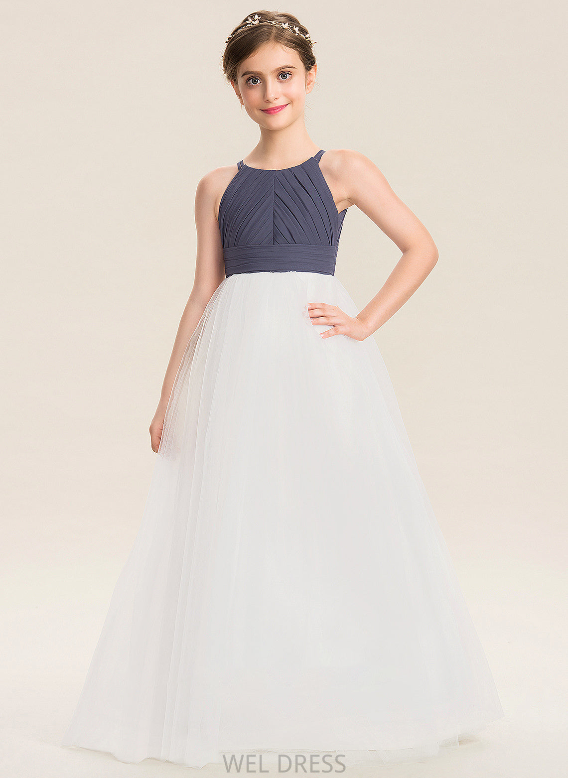 Tulle A-Line Junior Bridesmaid Dresses Chiffon Amaya Scoop With Neck Floor-Length Ruffle