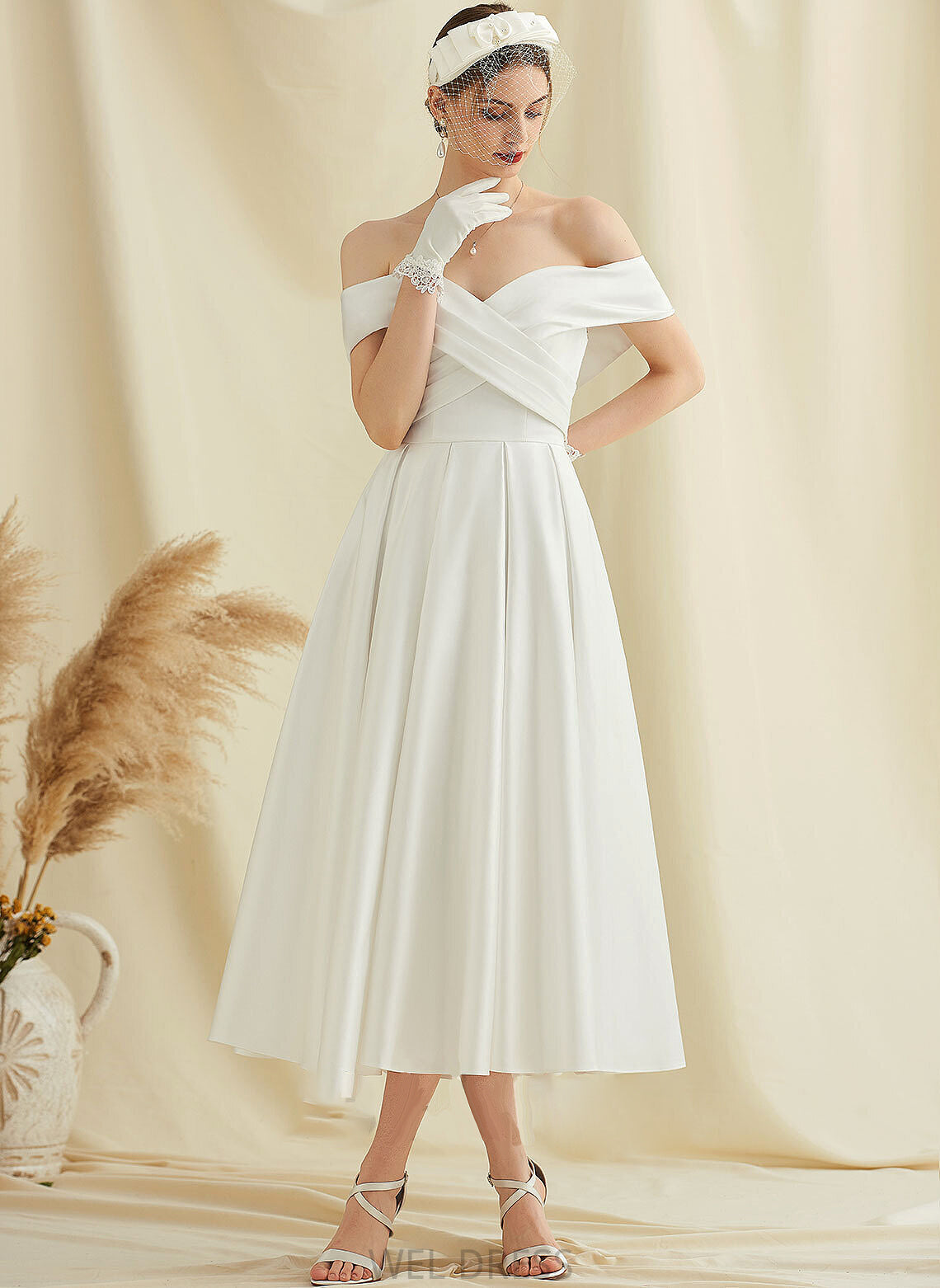 Tea-Length Dress A-Line Clarissa Pockets Wedding Wedding Dresses Satin With