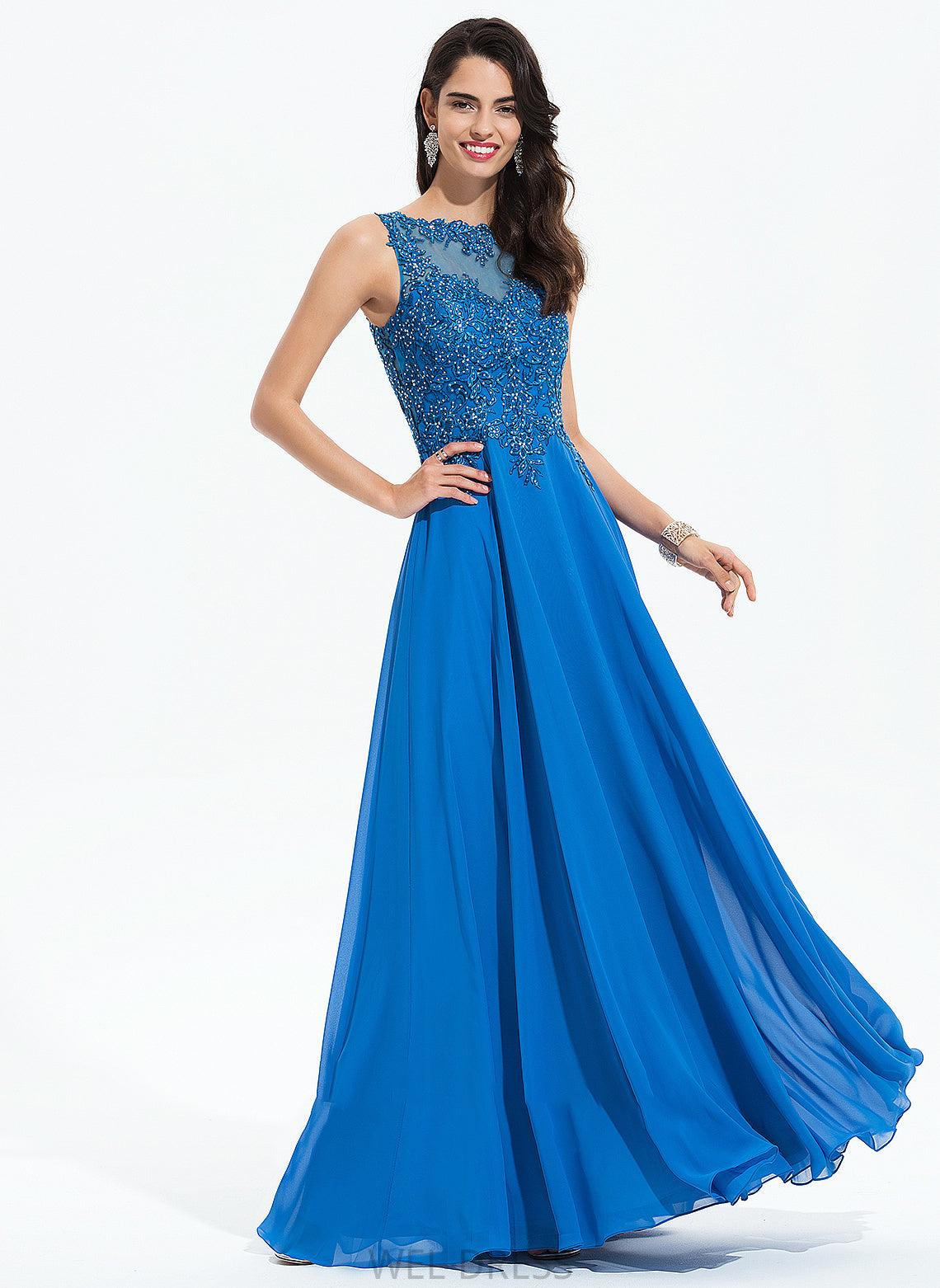 Scoop Arabella Chiffon Beading With Floor-Length Sequins Neck A-Line Prom Dresses Lace