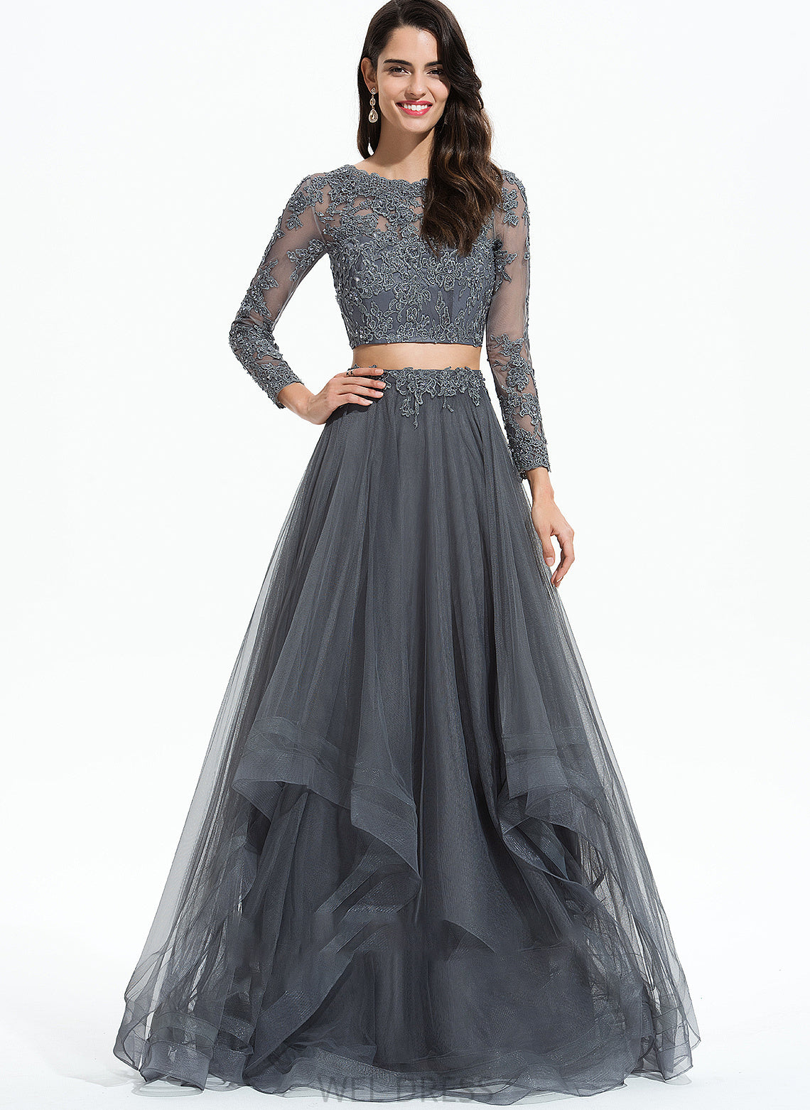 Beading Neck Ball-Gown/Princess Sequins With Scoop Prom Dresses Tulle Evelyn Floor-Length