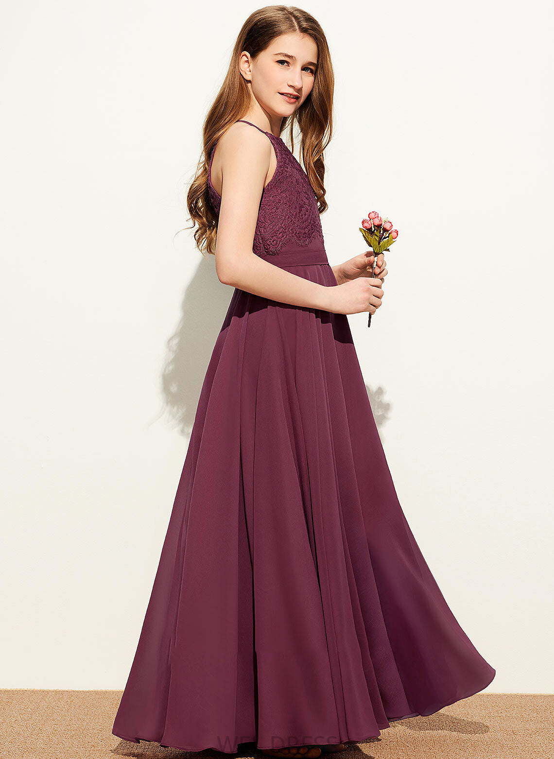 Neckline Square Junior Bridesmaid Dresses A-Line Chiffon Floor-Length Ansley Lace