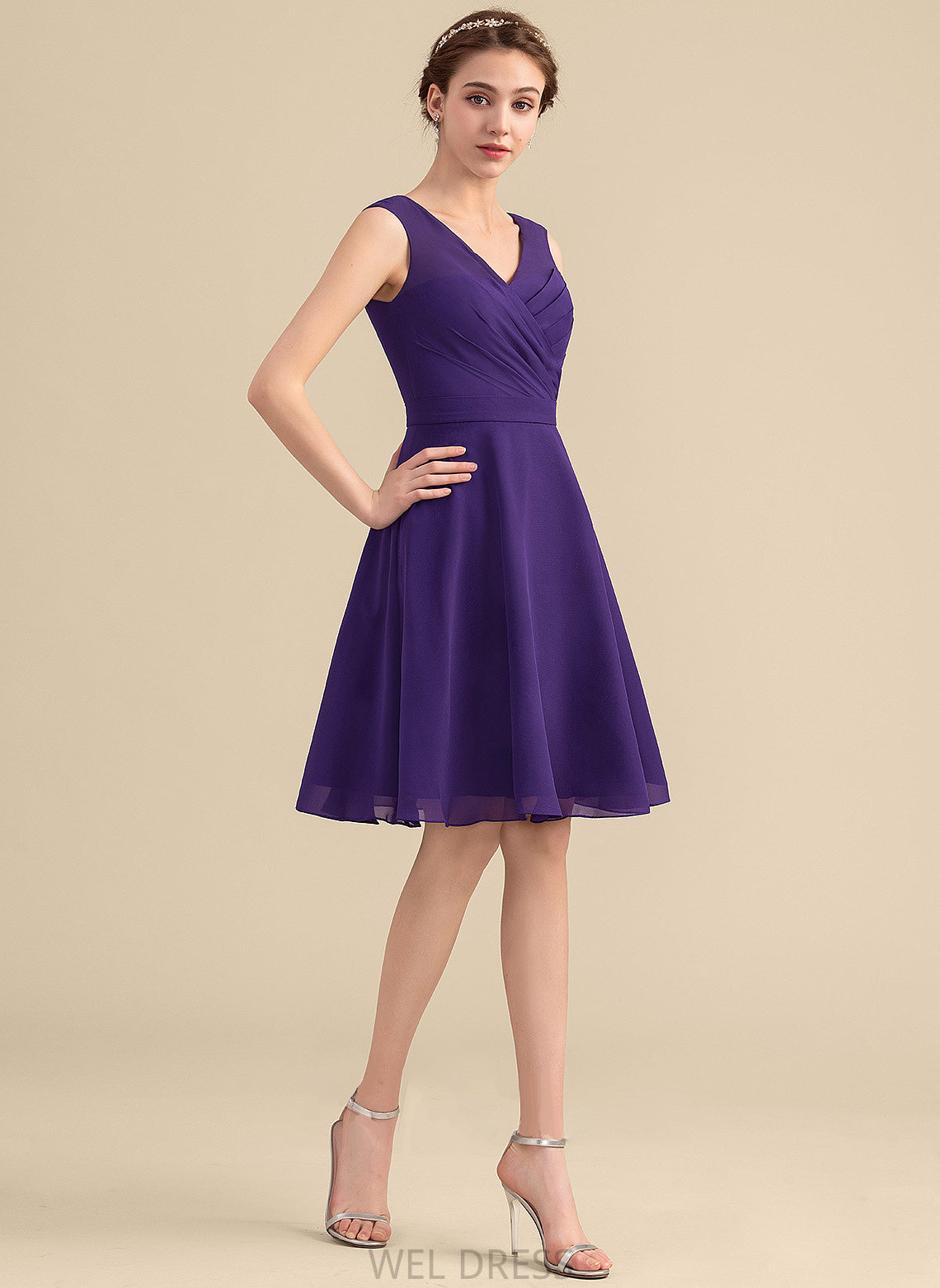 A-Line Fabric Knee-Length Embellishment Silhouette Ruffle V-neck Length Neckline Brynn A-Line/Princess Sleeveless