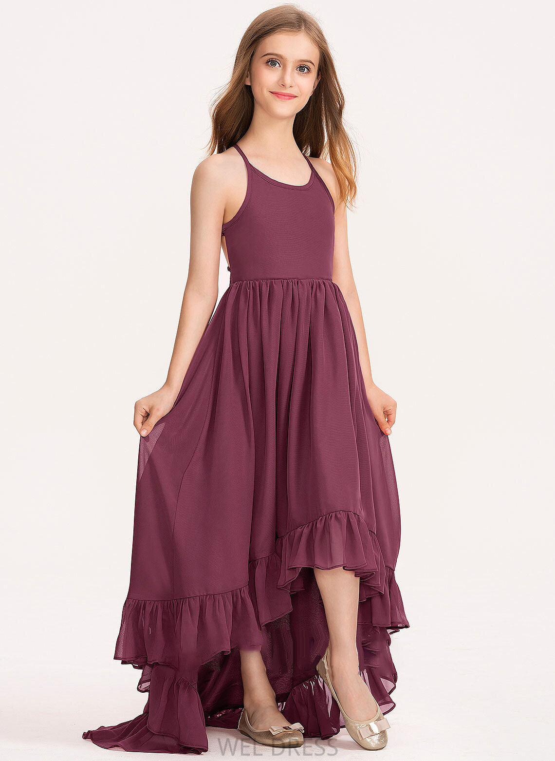 With A-Line Cascading Victoria Neck Junior Bridesmaid Dresses Chiffon Ruffles Scoop Asymmetrical Bow(s)