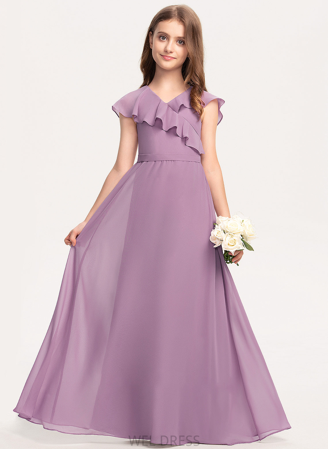 Ruffles Cascading Chiffon Floor-Length A-Line Cadence V-neck Bow(s) Junior Bridesmaid Dresses With