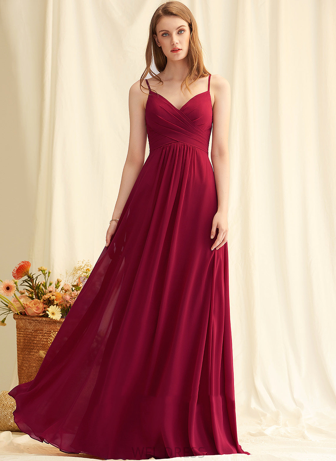 V-neck Neckline A-Line Fabric Silhouette Floor-Length Length Embellishment Ruffle Kallie Sleeveless Natural Waist Bridesmaid Dresses