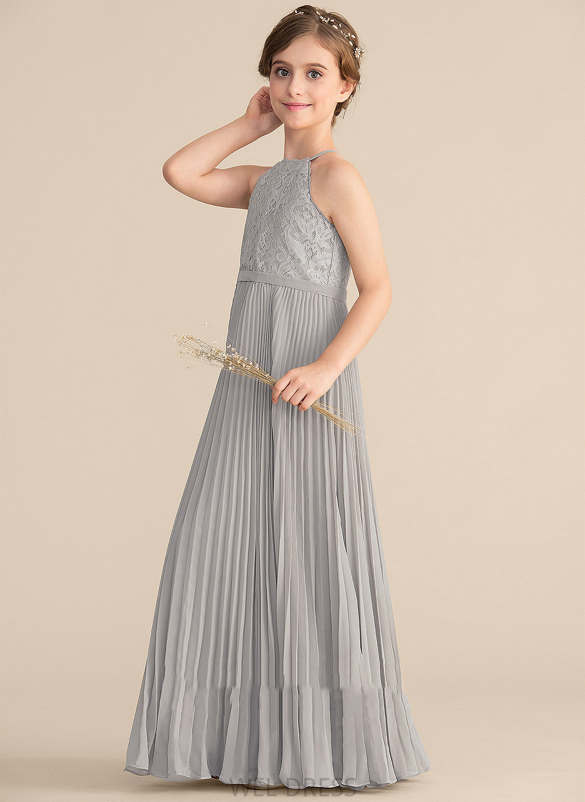 Lace Chiffon Junior Bridesmaid Dresses Neck Scoop With A-Line Hallie Floor-Length Pleated