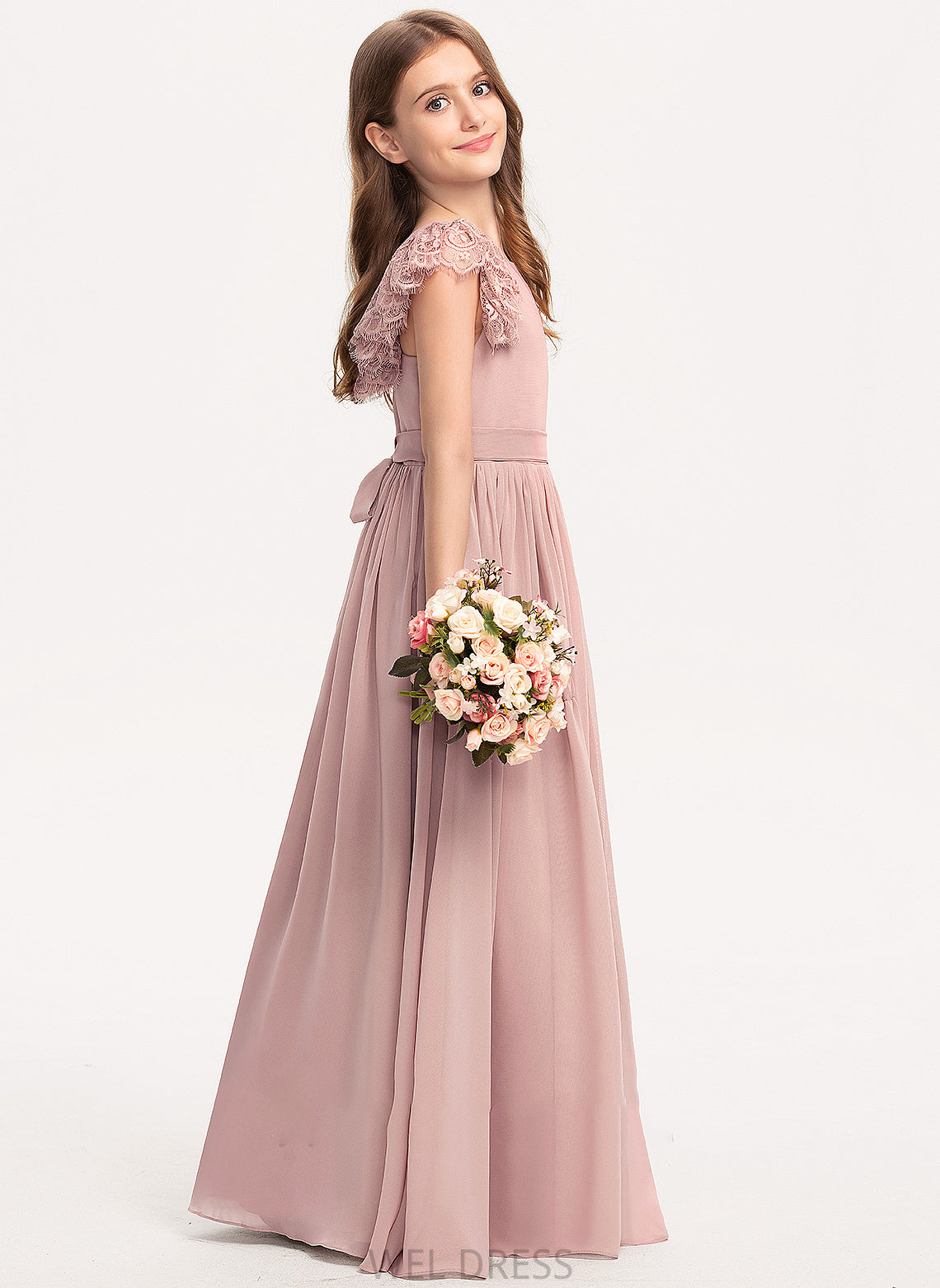 Chiffon Bow(s) Neck Junior Bridesmaid Dresses Floor-Length With A-Line Lace Miracle Scoop