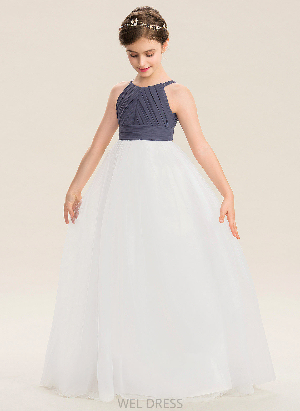 Tulle A-Line Junior Bridesmaid Dresses Chiffon Amaya Scoop With Neck Floor-Length Ruffle