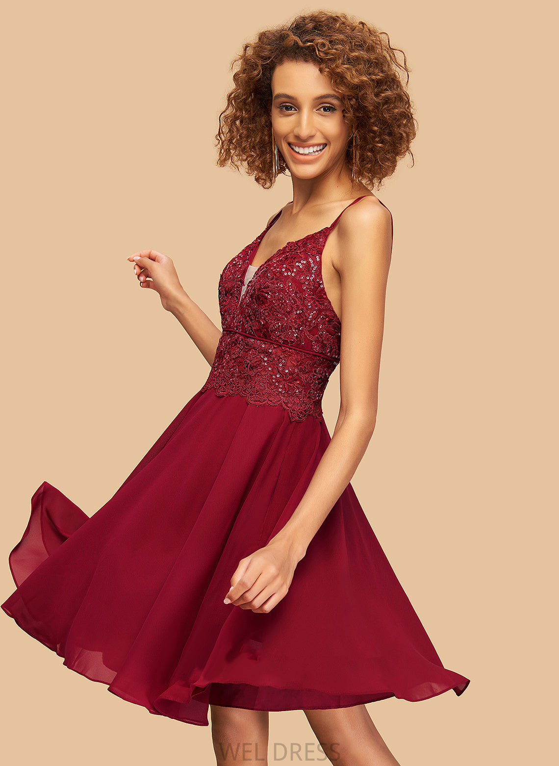 Emily Sequins Dress Homecoming Dresses Homecoming Lace A-Line With Chiffon V-neck Short/Mini
