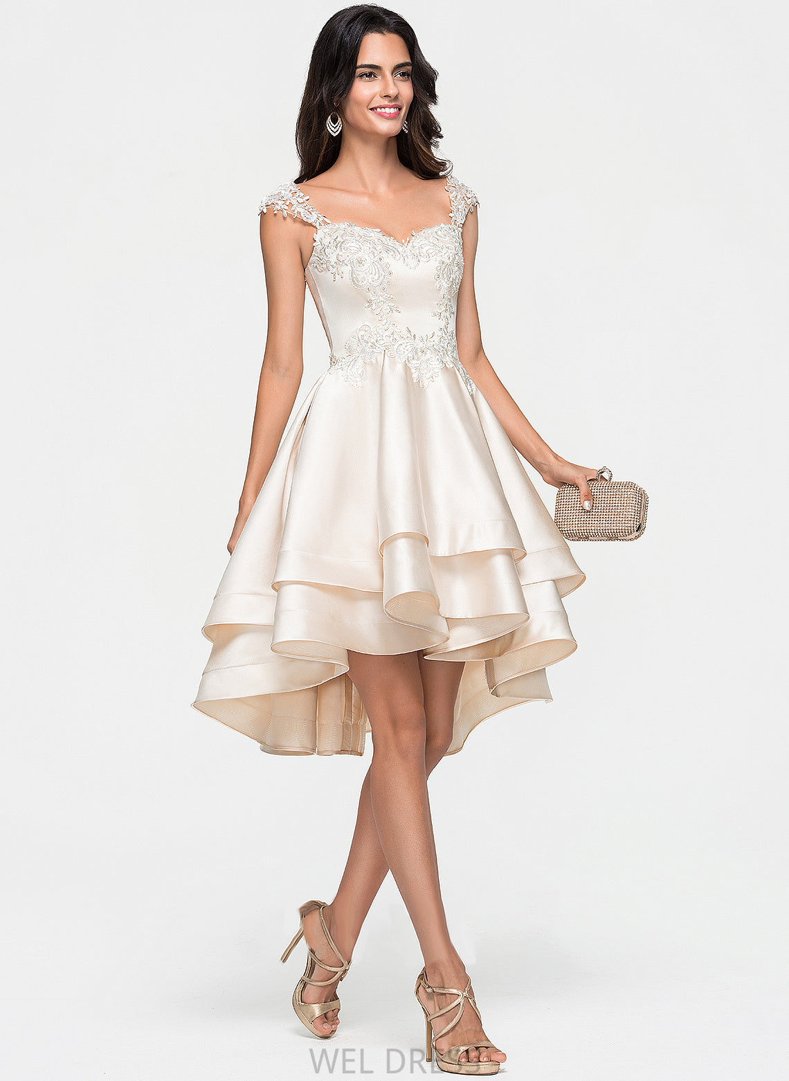 A-Line Ruffles Sweetheart Mikaela Asymmetrical Satin Beading With Cascading Lace Prom Dresses