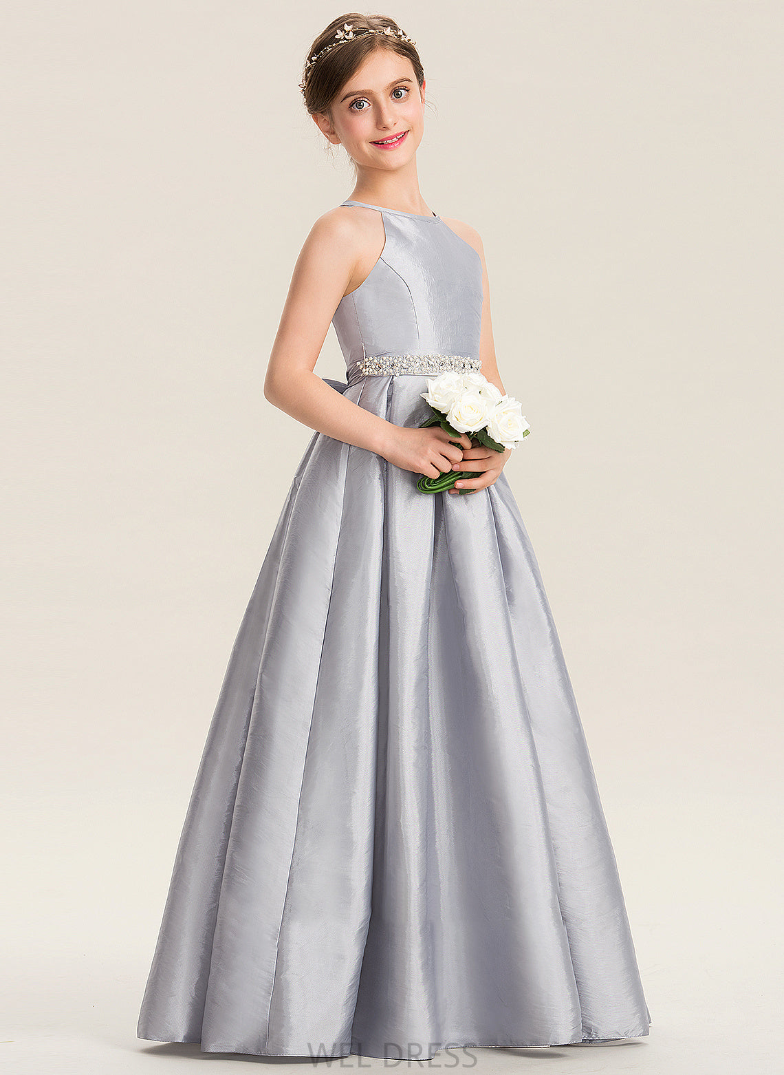 Neck A-Line Scoop Junior Bridesmaid Dresses Mira Beading Floor-Length With Bow(s) Taffeta