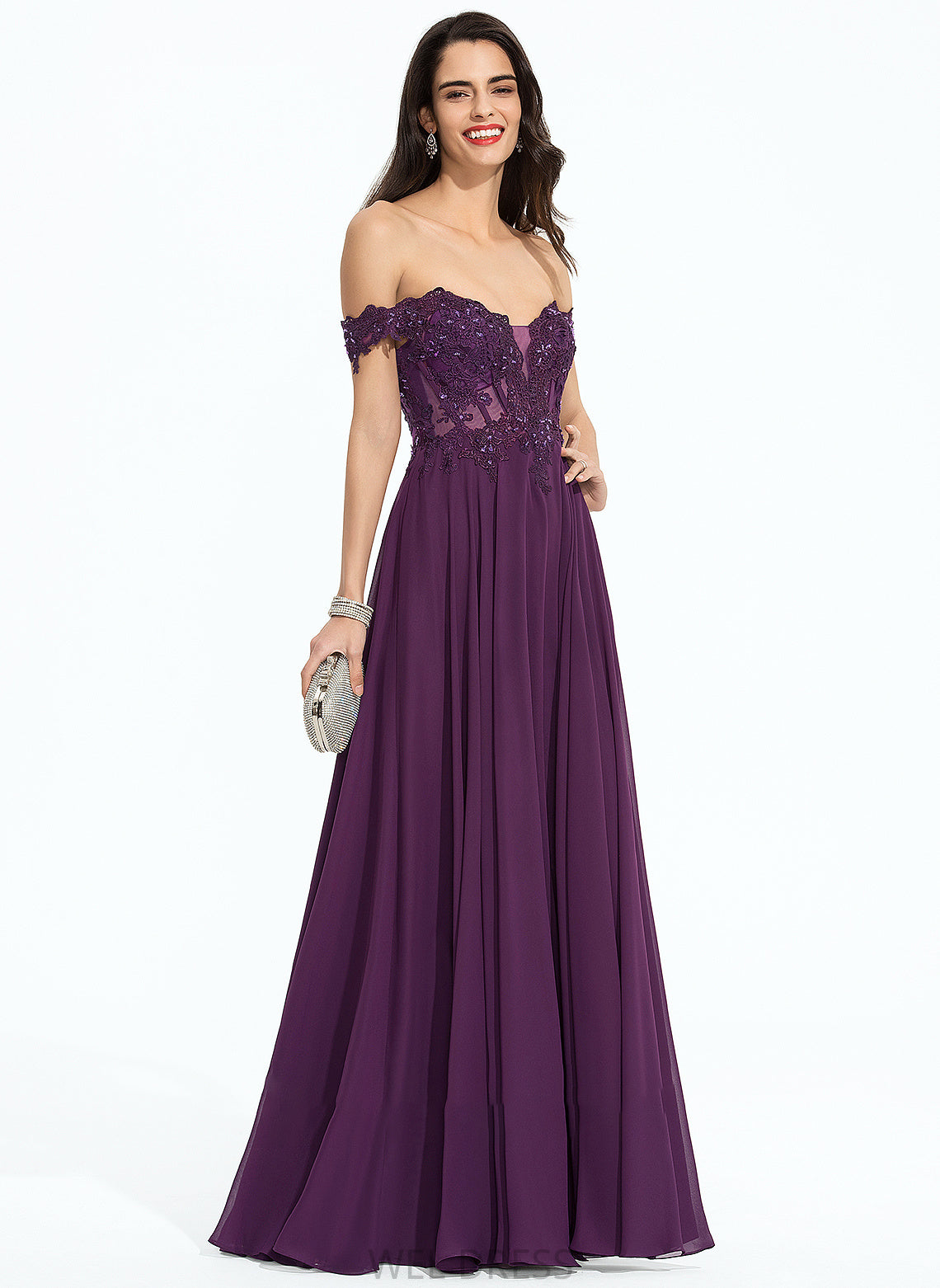 Ball-Gown/Princess Floor-Length Off-the-Shoulder With Lauren Prom Dresses Beading Sequins Chiffon